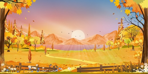 autumn landscape wonderland forest with grass land, mid autumn natural in orange foliage, fall season with beautiful panoramic view with sunset behind mountain and maples leaves falling from trees 