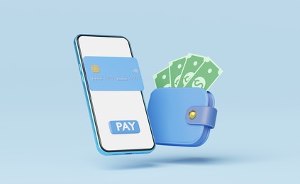 phone with credit card, wallet, bank floating on blue background. mobile banking and online payment service. saving money wealth,  business financial concept. smartphone transfer online. 3d render.
