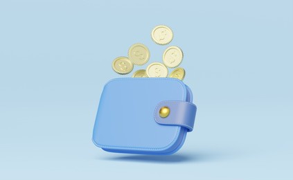 gold coin falling into wallet floating on blue background. mobile banking and online payment service. save dollar coin in pig money box. saving money wealth and business financial concept. 3d render.