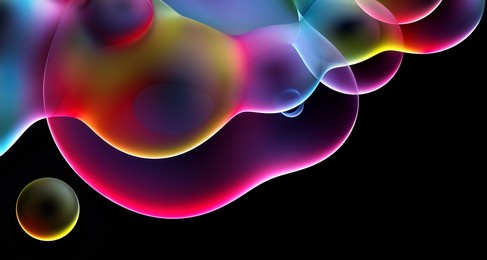3d render of abstract art smooth and round substance based on meta balls spheres or bubbles in matte plastic material in red blue purple green and yellow gradient color on isolated black background