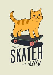 cute cat standing on skateboard. skater kitty summer street sports t-shirt print vector illustration.