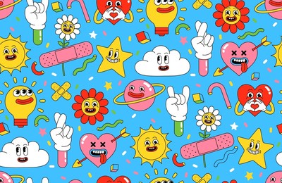 cartoon characters background. funny stickers and patches. seamless vector pattern with comic heart, sun, planet, berry, abstract faces and elements in trendy retro cartoon style.