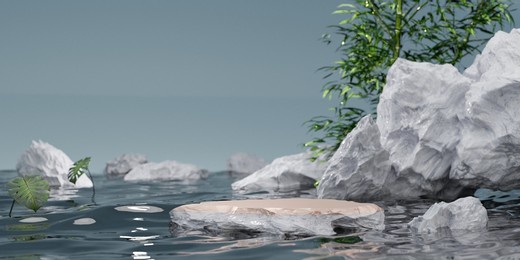 gold rock product display podium with water reflection and bamboo tree on blue background. 3d rendering