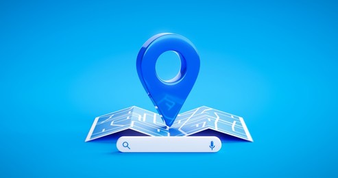 blue location pin sign icon and gps navigation map road direction or internet search bar technology symbol on position place background with find route mark travel destination navigator. 3d rendering.