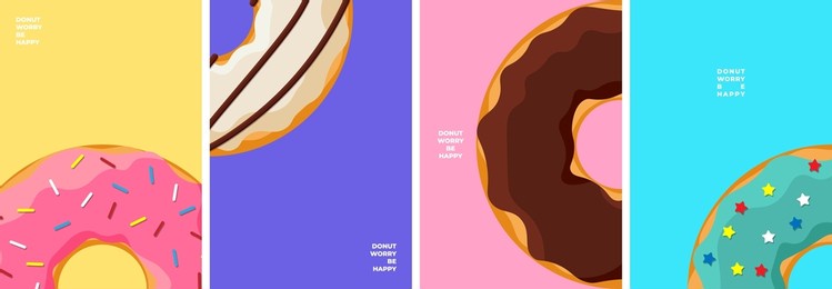 colorful tasty donut poster design template set. glazed doughnuts banner collection for cafe decoration or advertising. sweet baked rings on colored background. vector drawing illustration for bakery