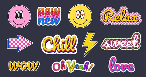 set of various patches, pins, stickers. abstract funny cute comic badges. different phrases and words. trendy vector illustrations. cartoon style. cool lettering.