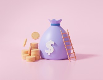 money cartoon style stacks, ladder bag coins grow business investment, cost finance saving concept. on pink pastel background. 3d render illustration 