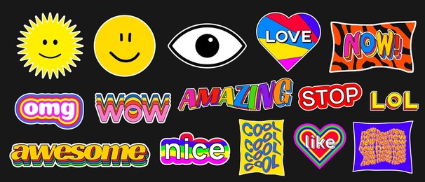 set of trendy colorful stickers. modern acid patches vector design. cool badges.