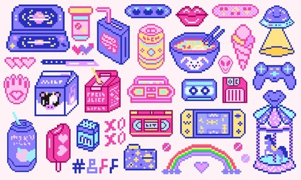 pixel art 8 bit objects. retro digital game assets. set of pink fashion icons. vintage girly stickers. arcade computer video. characters dinosaur pony rainbow.