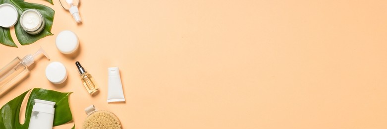 natural cosmetic products at color background.