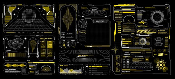 abstract digital technology. futuristic hud, fui, virtual interface. cyberpunk retro futurism concept. vaporwave abstract elements for web banners,  futuristic info boxes layout templates. hologram