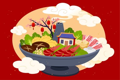 a big hotpot with a diversity of fresh ingredients. the asian cuisine suitable for reunion dinners, friends gatherings or winter solstice celebrations 