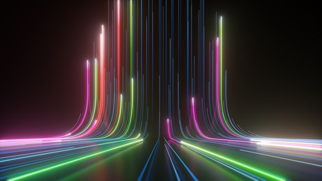3d render, abstract background with colorful neon lines going up, virtual reality wallpaper with laser rays