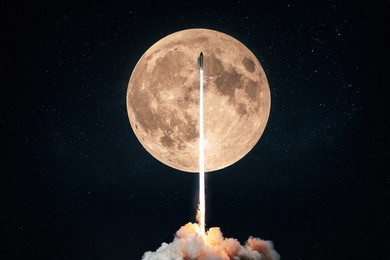 successful rocket launch into space on the background of a full moon with craters and stars. spaceship shuttle lift off into outer space, start of space mission concept