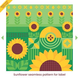 sunflower oil label. agriculture background. abstract geometric background witn sunflowers, sun, seed, leaves, field, oil simbols. seamless pattern for packaging printable isolated. modern concept.
