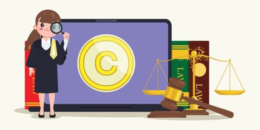 copyright patent law with lawyer, gavel and law books, background.