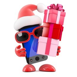3d render of a smartphone wearing a santa claus hat holding lots of xmas gifts