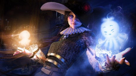 a young cute witch girl in a pointed hat with a rose smiles sweetly holding two funny spirits of different colors glowing like lanterns, standing in the middle of the room in the night 3d rendering