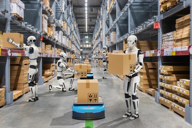 autonomous robot system working in warehouses, artificial intelligence technology concept, 3d render