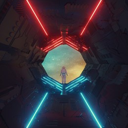 futuristic spaceship with neon lights and an astronaut . sci fi and fantasy concept . this is a 3d render illustration .