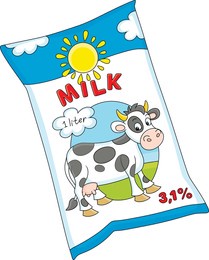funny design of a milk package with a cute spotted black and white cow and a bright yellow sun, vector cartoon illustration isolated on a white background