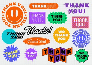 thank you, abstract stickers in acid graphic style. thanks for the buyer. isolated on a cellular background