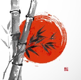 card with bamboo and big red sun in sumi-e style. hand-drawn with ink. vector illustration. traditional japanese painting. bamboo-japan