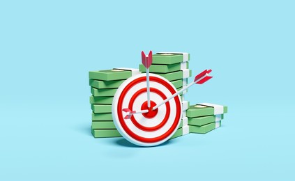 white red target with darts or arrow,pile dollar banknote isolated on blue pastel background,business goal concept,3d illustration or 3d render