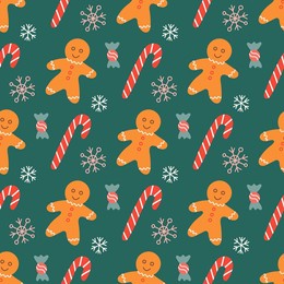 gingerbread man with sweets and snowflakes on green background, vector christmas seamless pattern