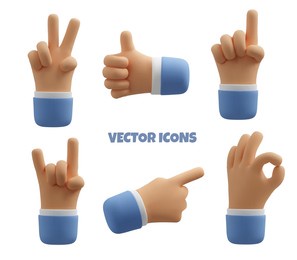 3d hand icon set. vector realistic gesture illustration, business clipart isolated on white background