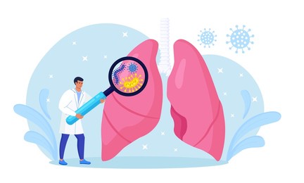 pulmonology. tiny doctor examining lungs with magnifier. tuberculosis, pneumonia, lung cancer treatment or diagnostic. internal organ inspection for respiratory system illness, disease or problems