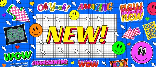 trendy abstract cool background with stickers 90s design. new collection arrival cool banner. comic illustration.