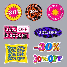 set of sale tag 30% off stickers vector design. cool trendy modern promo badges.