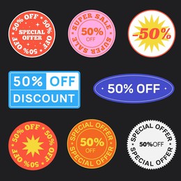 set of special offer 50% off discount stickers vector design. sale price tag label collection.