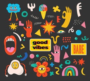 hand drawn vector illustrations of set of various patches, pins, stamps or stickers with abstract funny cute comic characters.