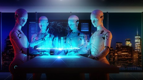 computer aided manufacturing, future factory engineering and industrial technology, 3d robot teamwork working in factory futuristic metaverse cyber digital world