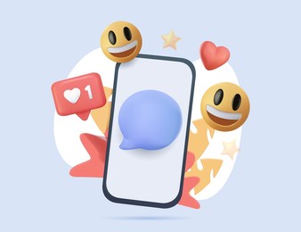 social media creative idea. realistic 3d design. concept online social network. business communication applications. marketing time. mobile phone with volumetric icons. vector illustration. smm, emoji