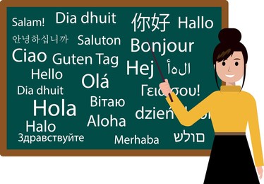 the teacher shows a board with greetings in different languages. learning foreign languages. strict teacher