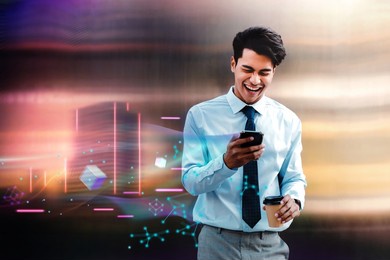 metaverse and blockchain technology concept. cheerful young asian businessman enjoying metaverse virtual world via mobile phone in the city. futuristic tone