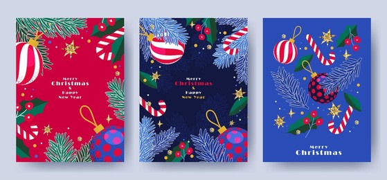 merry christmas and happy new year set of greeting cards, posters, holiday covers. modern xmas design in blue, green, red, yellow and white colors. christmas tree, balls, fir branches, gifts elements