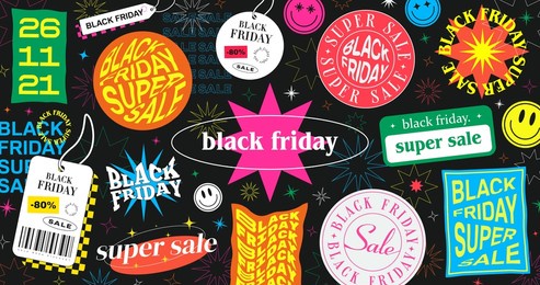 abstract trendy black friday cool illustration with promo stickers. modern colorful background with shapes and labels vector design.