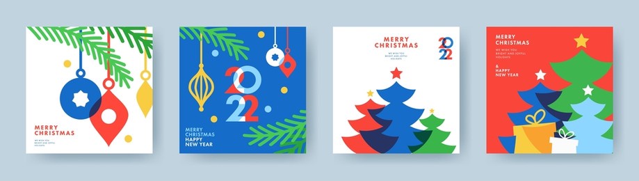 merry christmas and happy new year set of greeting cards, posters, holiday covers. modern xmas design in blue, green, red, yellow and white colors. christmas tree, balls, fir branches, gifts elements