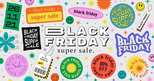 trendy black friday super sale illustration with cool stickers.