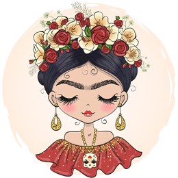 hand drawn vector illustration cute girl with flower crown.
