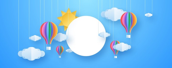 colorful sunny sky background illustration in 3d paper cut art style. creative imagination or children design backdrop. papercut design with empty circle frame.