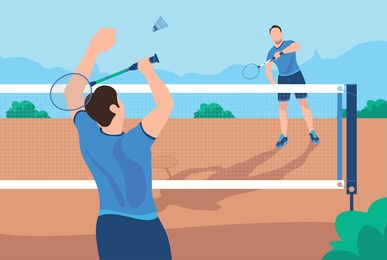 two sportsmen in blue uniform playing badminton outdoors flat vector illustration