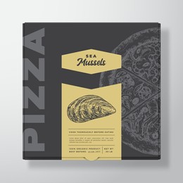 pizza with seafood mussel realistic cardboard box mockup. abstract vector packaging design or label. modern typography, sketch food and color paper background layout. isolated.