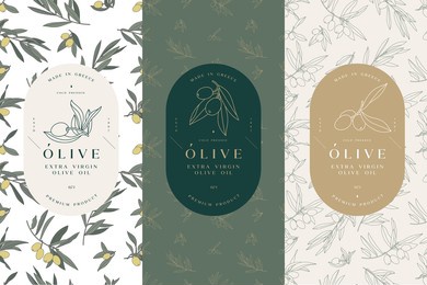 vector set labels with olive branch - simple linear style. emblems composition with olives and typography. seamless pattern