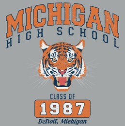 vintage college varsity michigan high school slogan print with tiger illustration for man - woman - kids graphic tee t shirt or sweatshirt - vector