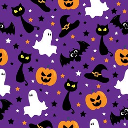 halloween seamless pattern  design with ghost, bat, pumpkin, witch hat and black cat, on purple background. good for wall and wrapping paper, party decoration.